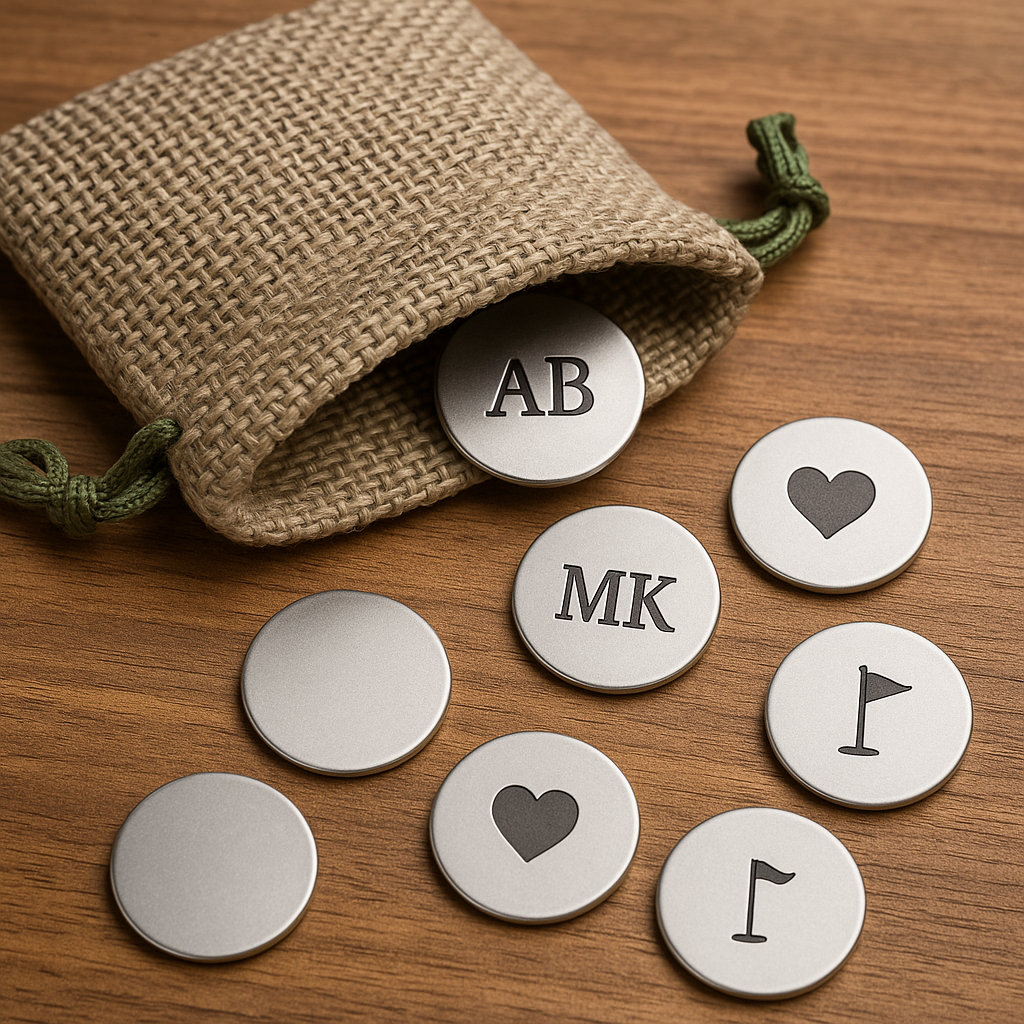 Custom Golf Ball Marker Set – 15 Pack Laser Engraved Steel Discs Personalized Initials or Logo Perfect for Gifts & Tournaments