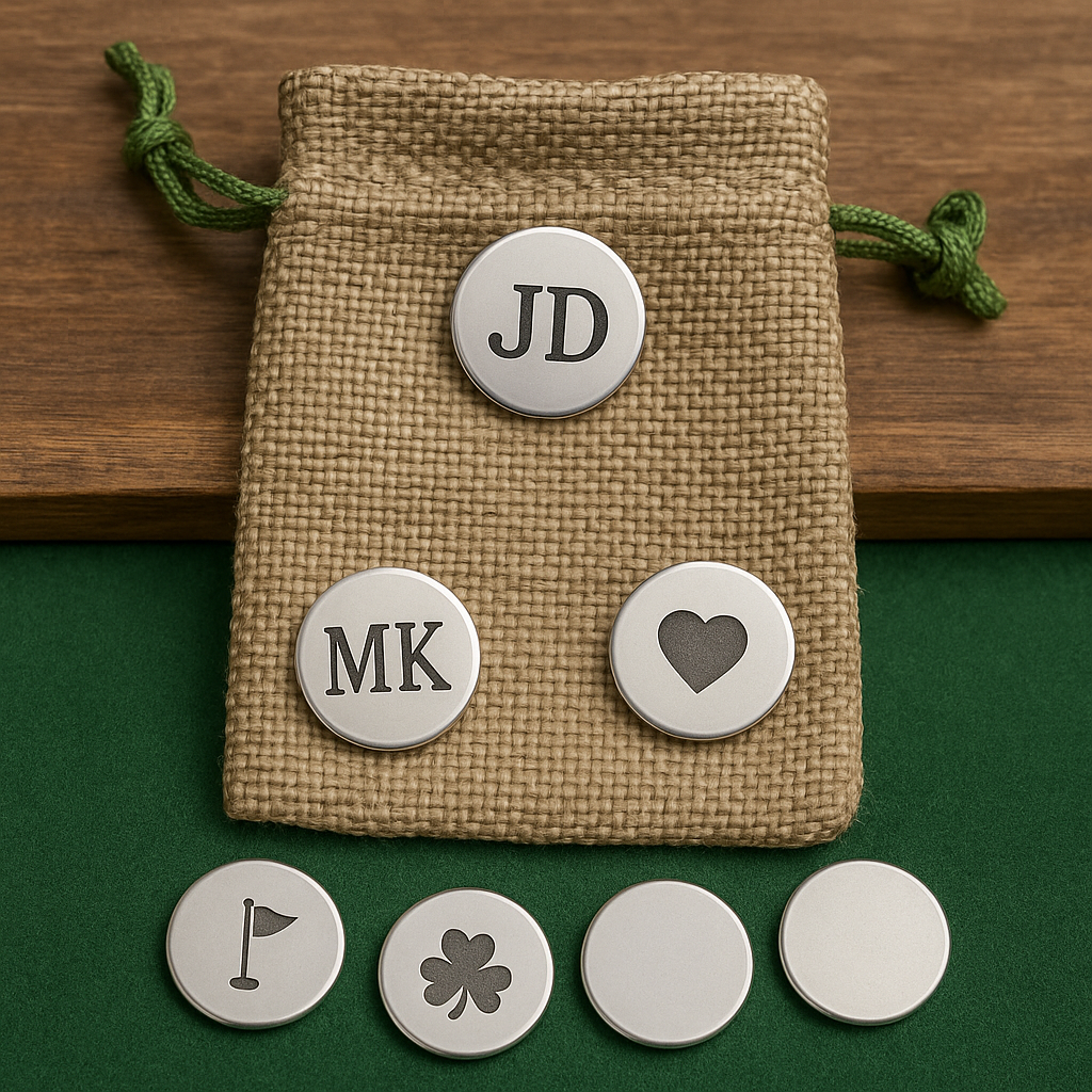 Custom Golf Ball Marker Set – 15 Pack Laser Engraved Steel Discs Personalized Initials or Logo Perfect for Gifts & Tournaments