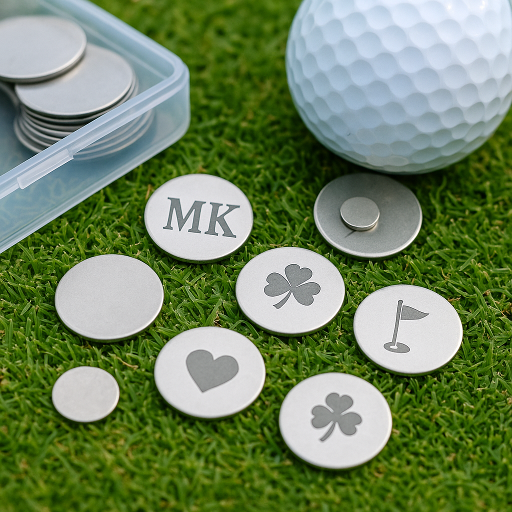 Custom Golf Ball Marker Set – 15 Pack Laser Engraved Steel Discs Personalized Initials or Logo Perfect for Gifts & Tournaments